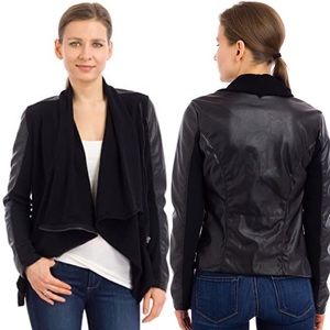 BLANK NYC Black Vegan Leather Drape Front Jacket